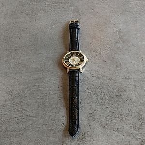 Elgin Studio Black Gold Cubic Zirconia Face and Crystal Black Leather Band Watch
